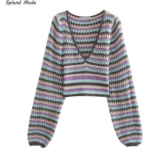 Splend Moda Autumn Fashion Casual Loose Long-Sleeve V-Neck Sweater Stretch Vintage Top Womens Striped Lantern Sleeve Short