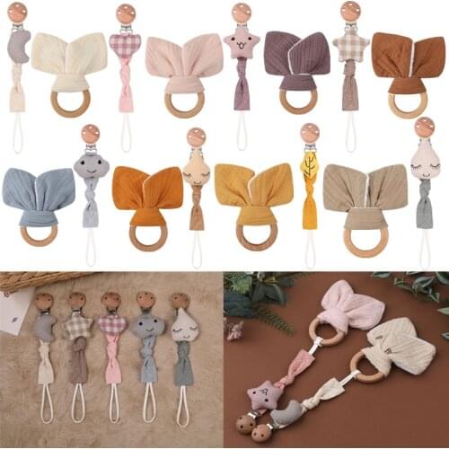 2 Pcs BPA Free Woodeen Ring Baby Teether Cartoon Bunny Ear Newborn Teething Toys Cotton Pacifier Clip Chain Set Sensory Rattle