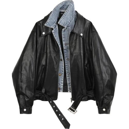 2020 New womens cool fashion turn down collar denim jeans patched PU leather loose jacket coat plus size casacos