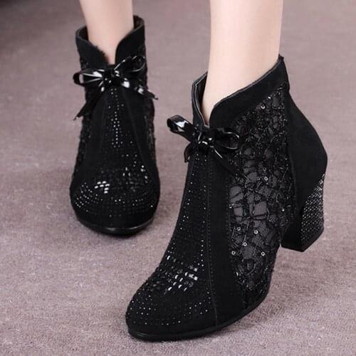 2020 Suede Leather Middle Heel Short Boots Womens Hollow Boots Mesh Boots Thick Heel Mesh Cool Boots Single Boot Womens Shoes