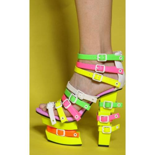 Pinkpalms Shoes Women Summer Sandals High Block Heels Ankle Strap Strange Heel with Buckle Decoration