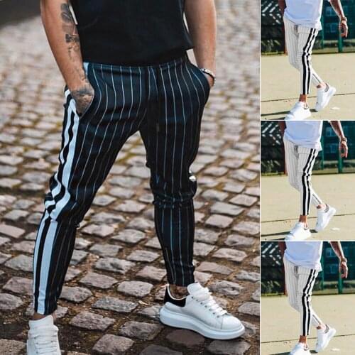 Fashion Mens Slim Fit Urban Pencil Trousers Casual Jogger Cargo Long Pants Stripe Elastic Waist Stylish Bottoms