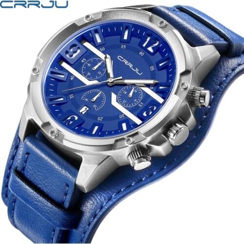 CRRJU brand Mens Multifunction Sport Watches Male Casual Quartz Wristwatch Leather Men Military Waterproof Clocks with Box
