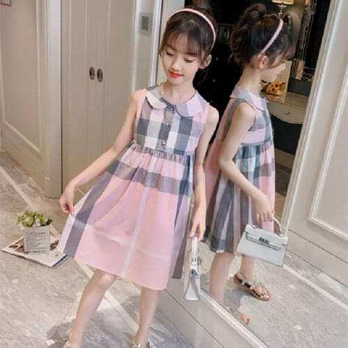 Baby Vest Cotton Flaid Princess Kid Mini Dress Sleeveless Casual Clothes For Girl