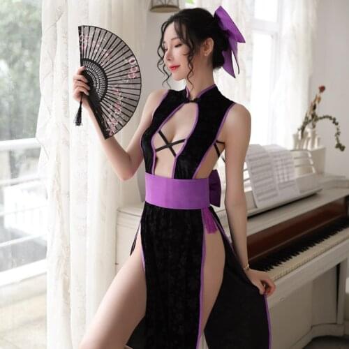 Exotic Cosplay Costumes Women Cheongsam Witch Game Uniform Sexy Babydoll Lingerie Set Hollow Out Slit Night ClubDresses Qi Pao