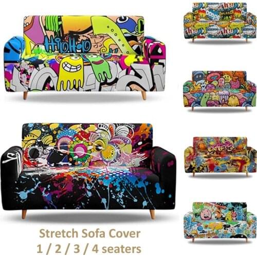 3D Graffiti Stretch Sofa Cover Living Room Couch Cover Elastic Slipcover Sectional L Shaped Armchair Cover Single/Two/Three Seat