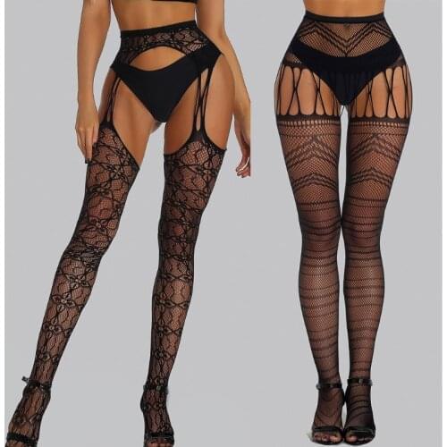 J78E Women Sexy High Waisted Suspender Pantyhose Hollow Fishnet Tights Patterned Stretch Garter Belt Hight Stockings Lingerie