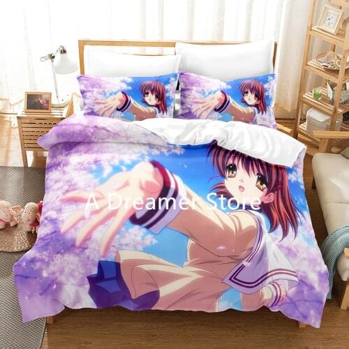 Anime CLANNAD Bedding Set Cartoon Girls Pattern Quilt Comforter Duvet Cover For Adult Kids Fashion Bedclothes 2/3pcs