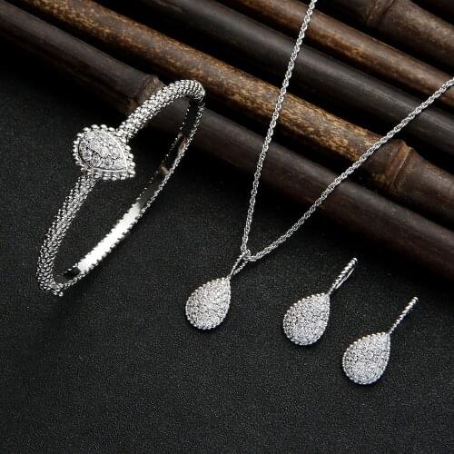 Trendy Luxury Water drop Necklace Earring Bangle Sets Jewelry Set For Women Wedding Full Cubic Zircon Dubai Bridal jewelry Set