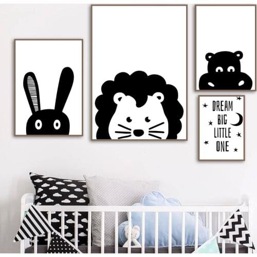 Lion Rabbit Hippo Monkey Dream Wall Art Canvas Painting Nordic Posters And Prints Black White Wall Pictures Baby Kids Room Decor