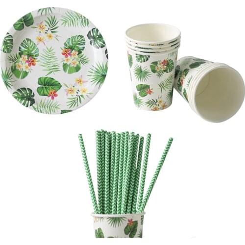 1 Suit Hawaii party disposable tableware Tropical palm Monstera leaf printing Paper plate Aloha flamingo parties decoration