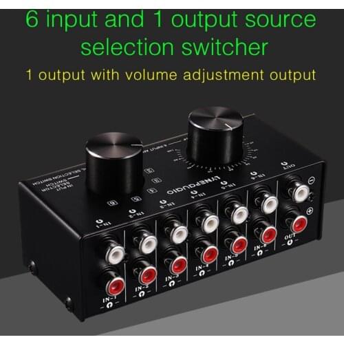 6 Input 1 Output Switcher Audio Source Selection Switcher RCA Audio Input Signal Selector Switch with Volume Adjustment and Manu