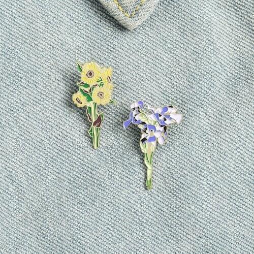 Sunflowers Iris Enamel Pins Custom Bouquet Brooches Bag Clothes Lapel Pin Badge Plant Flower Jewelry Gift for Lover Girl Friend
