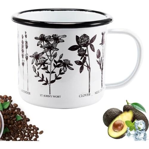 Simple Black Edge Enameled Cup , Special Three Flower Pattern Milk Mug, Home Office Coffee Cup