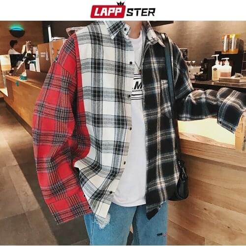 LAPPSTER Men Patchwork Black Shirt Long Sleeve 2020 Mens Japanese Streetwear Hip Hop Shirts Male Black Designer Cotton Shirt