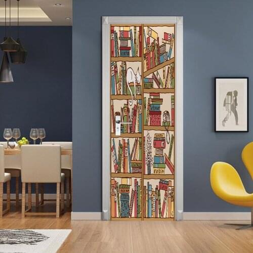 3D creative Animated bookcase door stickers wall stickers self-adhesive waterproof removable