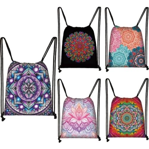 Mandala / Buddha Lotus Flower Drawstring Bag Woman Travel Storage Bags Boy Girl Backpack Hamsa Fatima Hand Shopping Bag Gift