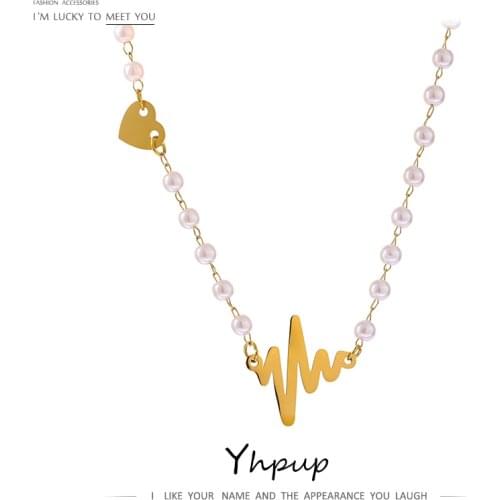 Yhpup 2021 Stainless Steel Jewelry Romantic Electrocardiogram Pendant Necklace Elegant Imitation Pearls Collar Necklace Gift