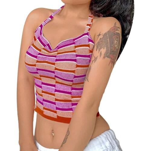 Ladies Summer Sexy Backless Camisole Creative Color Matching Hanging Neck Lace Up V-neck Sleeveless Base Shirt Knitted Tops