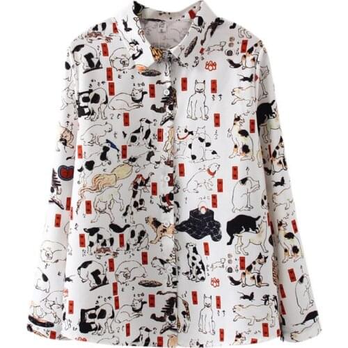 2019 Fashion Women Long Sleeve Lapel Blouse Blusas Vintage Cartoon Print Tops Casual Loose Chiffon Womens Tops and Blouses