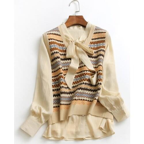 Womens Spring Autumn Designer Long Sleeve Bow Collar Beige Shirt Female High Waist Knitted Vest Top TB071