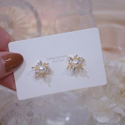 Korea Hot Selling Fashion Jewelry 925 Silver Needle 14K Real Gold Earrings Elegant Flower Pearl Women Daily Earrings