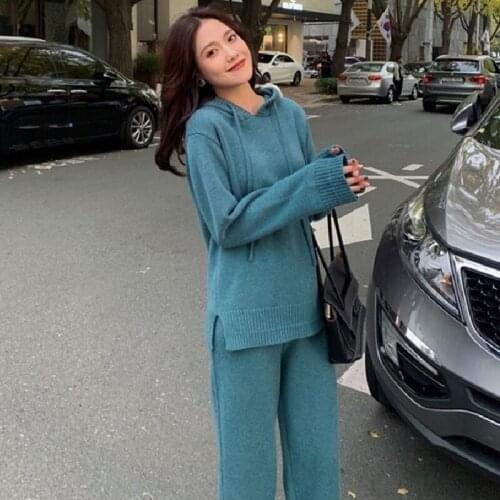 Autumn Womens Solid Knitted Suit Winter Casual Hooded Knitted Top Wide Leg Pants Sweater Two-Piece Set Female Outfit