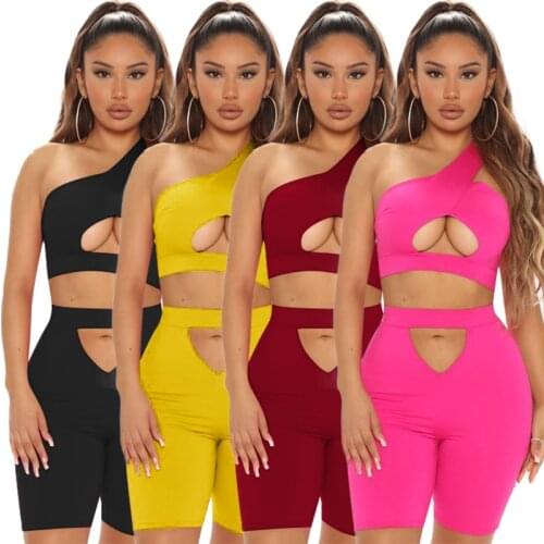 Shorts Tracksuit Women Casual Hollow Out One Shoulder Crop Top + Biker Shorts Bodycon Slim Two Piece Set Outfits Sportswear Suit