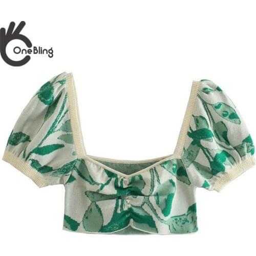 OneBling Green Print Knit Puff Sleeve Ruched Front Contrast Tipping Women Slim Crop Top Summer Square Collar Casual Blouses Traf