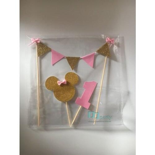 1set Mouse Cake Banner Topper 1st birthday Pink and Gold Cake Topper one Birthday bunting- Glitter Gold and Pink