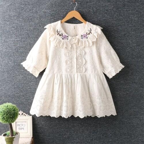 2021 summer new Japan style sweet embroidery flower peter pan collar shirt top women short sleeve casual top HT6782