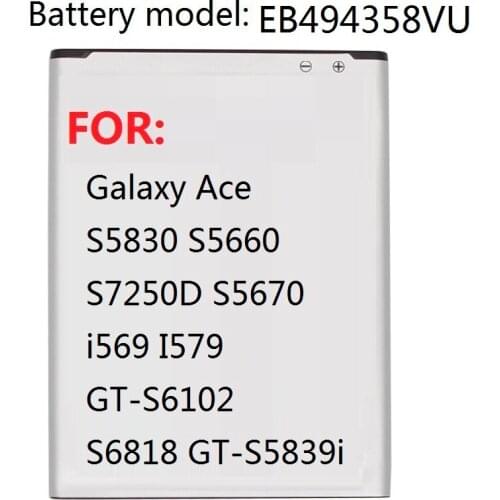 Battery EB494358VU For Samsung Galaxy Ace S5830 S5660 S7250D S5670 i569 I579 GT-S6102 S6818 GT-S5839i 1350mAh