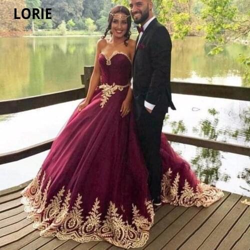 LORIE Ball Gown Prom Dresses Long Burgundy Tulle Gold Lace Appliques Formal Evening Party Gown Sweetheart Vintage Princess Dress