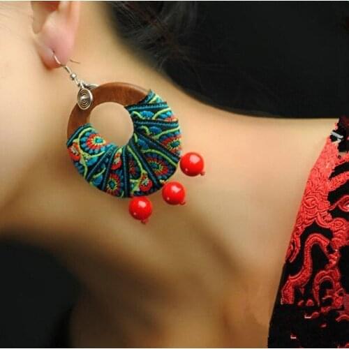 FREE SHIPPING Beautiful Round Hollow Thai Mangoo Wood Red Cinnabar Beads Colored Embroidery Fabric Earrings Ethnic Jewelry