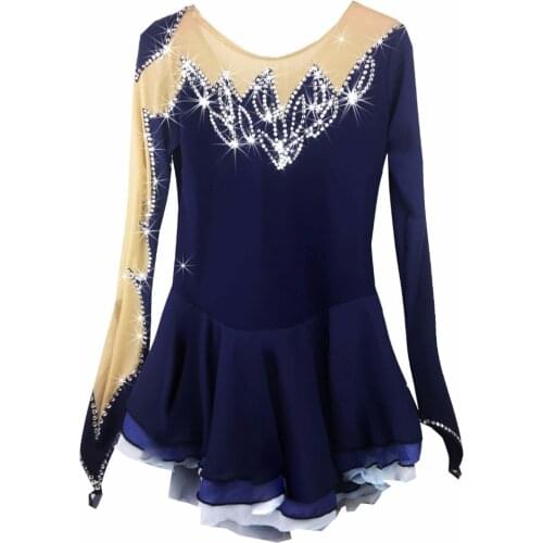 BHZW figure skating dress womens girls ice skating dress dark blue spandex
