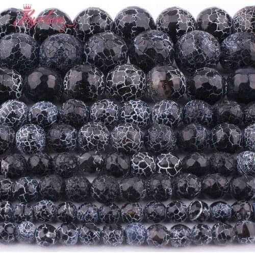 Natural Round Fire Agtaes Black Faceted Cracked Bead Stone Beads For DIY Necklace Bracelet Jewelry Making Strand 15" 6/8/10/12mm