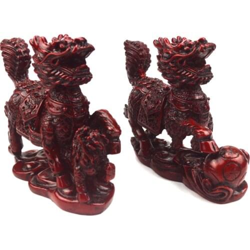 Feng Shui 2pcs Imitation Mahogany Chi Lin Qi Lin Chinese Dragon Horses Statue A2007