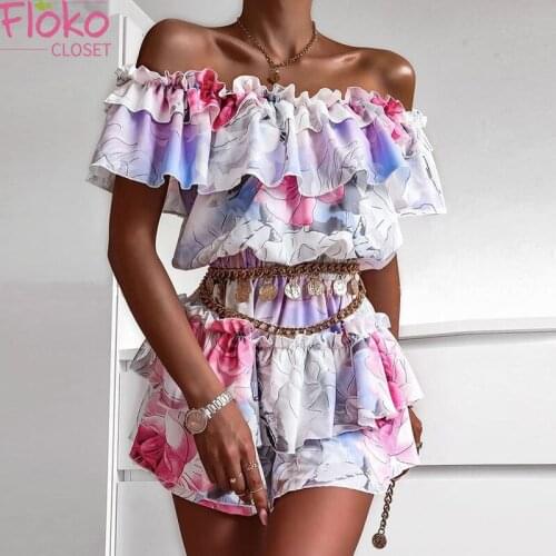 Flokocloset Sexy Off The Shoulder Print Mini Dress Summer Women Slash Neck Club Ruffles Party Floral Sundress 2021