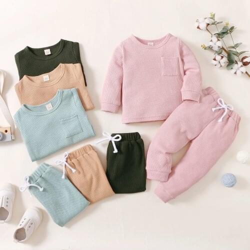 Toddler Baby Unisex Clothes Autumn Solid Long Sleeve T-shirt Tops + Elastic waist Pants 2 Piece Casual Outfits Sets