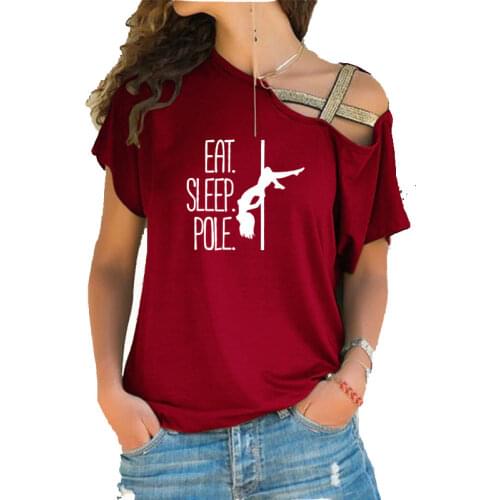 Eat Sleep Pole Dance Harajuku T Shirt Funny T-shirt Women Irregular Skew Cross Bandage Tshirt Plus Size