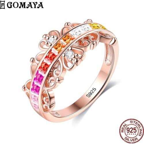 GOMAYA S925 Sterling Silver Rainbow Ring For Women Cubic Zirconia Crown Pattern Simple Trendy Engagement Rings Fine Jewelry