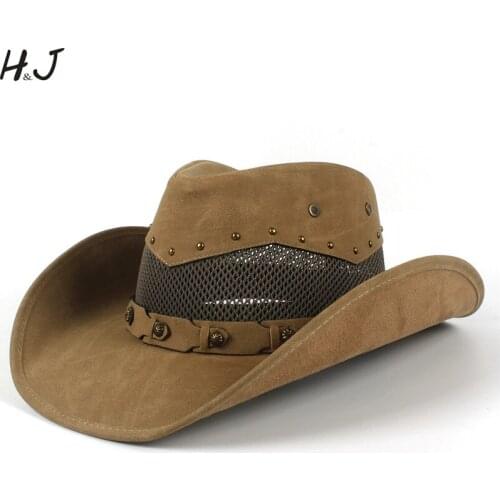 Fashion Men Leather Western Cowboy Hat Summer Gentleman Sombrero Hombre Caps With Mesh Dad Godfather Hats Dropshipping 58-59CM