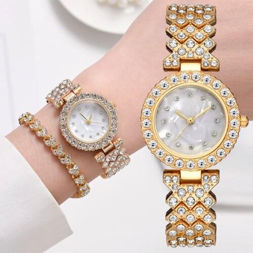 Luxury Women Gold Watch Fashion Ladies Quartz Full Diamond Wristwatch Elegant Female Bracelet Watches Gifts 2pcs Set Reloj Mujer