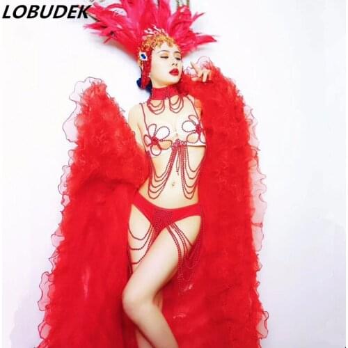 Nightclub Leading Dance Costume Sexy Red Beads Bikini Rhinestones Feathers Headdress Cloak Models Catwalk Performance Clothing