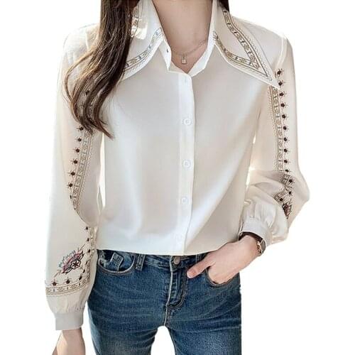 New 2021 Summer Women Fashion Casual Blouses Shirts White Beige Embroidered Loose Plus Size Elegant Tops Office Lady Shirt Mujer
