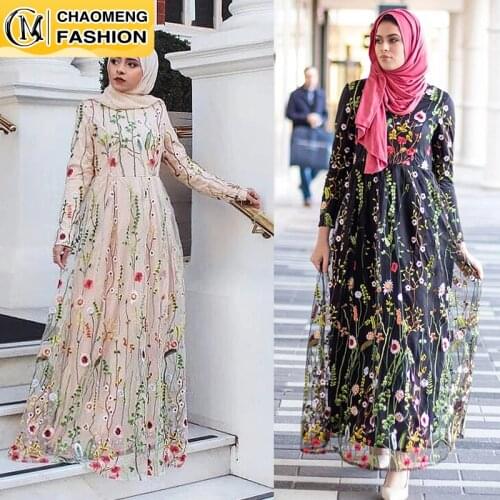 New Arrival Fashion Latest lace Embroidery Long Sleeve Muslim Maxi Abaya Muslim Women Maxi Dress Clothing Ramadan Modest Robe
