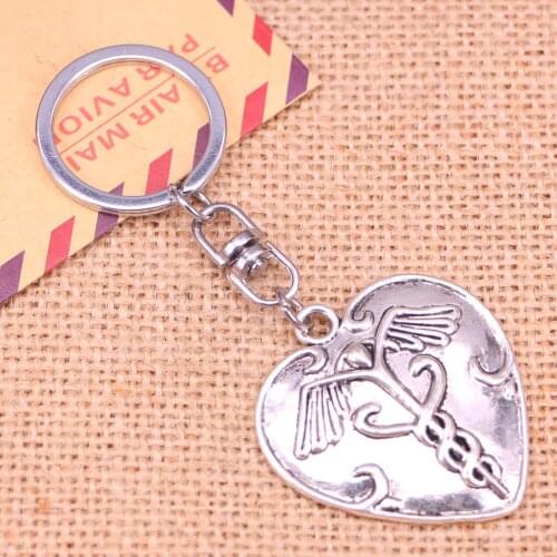New Fashion Keychain 42*40 mm heart caduceus medicine symbold Pendants DIY Men Jewelry Car Key Chain Souvenir For Gift