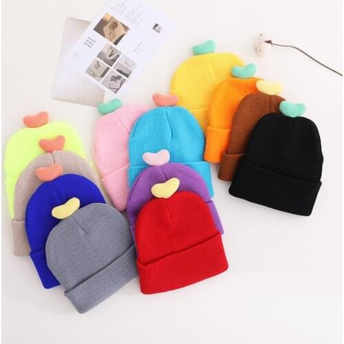 2021 Autumn and Winter Cotton Love Heart Thicken Knitted Hat Warm Hat Skullies Cap Beanie Hat for Children Boy and Girl 13