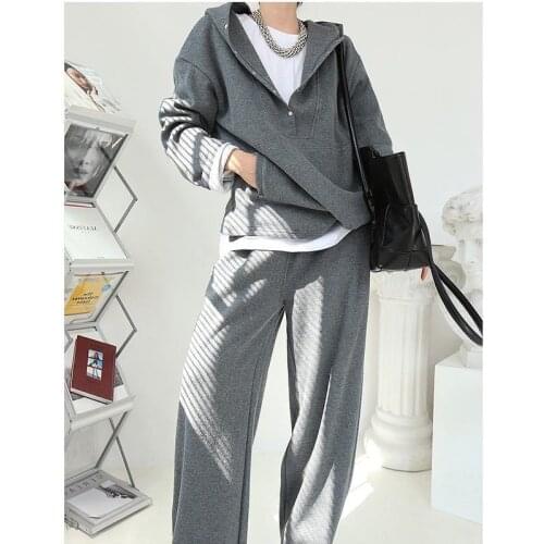 Autumn Winter Women Two Pieces Sets Long Sleeve Button Hoodies Elastic Waist Straight Loose Sweat Pants Knitted Casual Set 2021