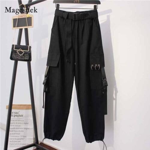 2020 Autumn Women Metal Buckle Beam Pants Elastic Baggy Cargo Pant Korean Style Loose Casual All-match Pant Pantalon Femme 11076